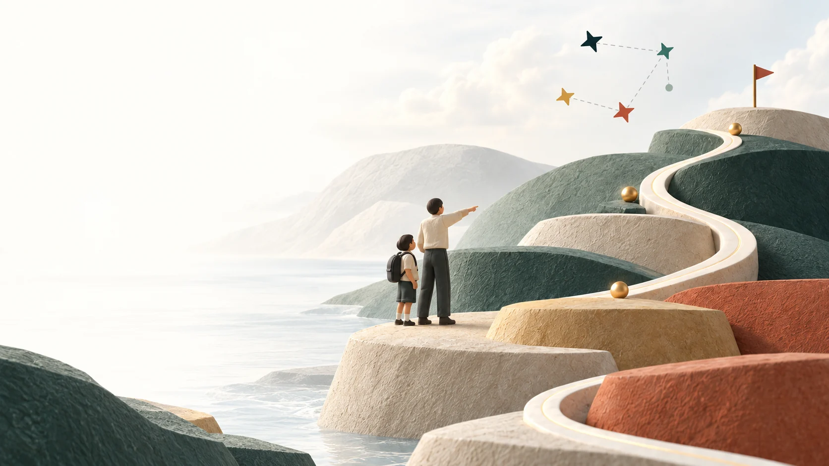 A teacher and learner follow a winding path through sculpted hills towards a flag, guided by a colourful constellation.